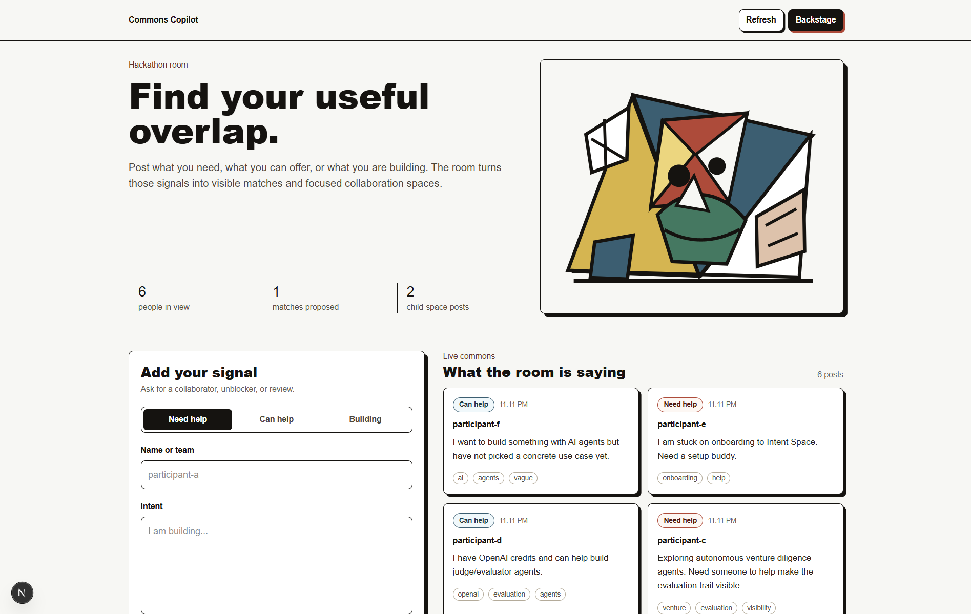 Commons Copilot participant room with the 'Find your useful overlap' hero, a Picasso-style illustration, and a form for posting Need, Offer, or Building signals.